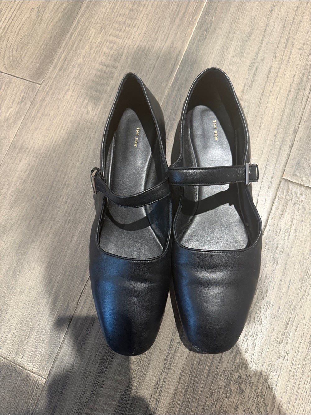 The Row Black Leather Mary Jane Flats with Strap